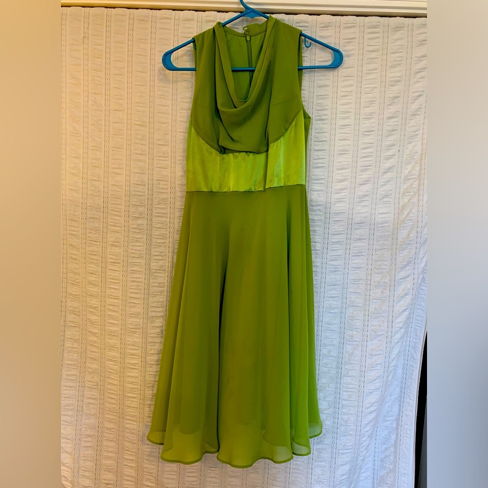 Positive Attitude petal green silk and sheer polyester, calf length dress, 6P